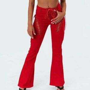 EDIKTED Engine Lace Up Cutout Flared Jeans Cherry Red Western Small Dolls Kill